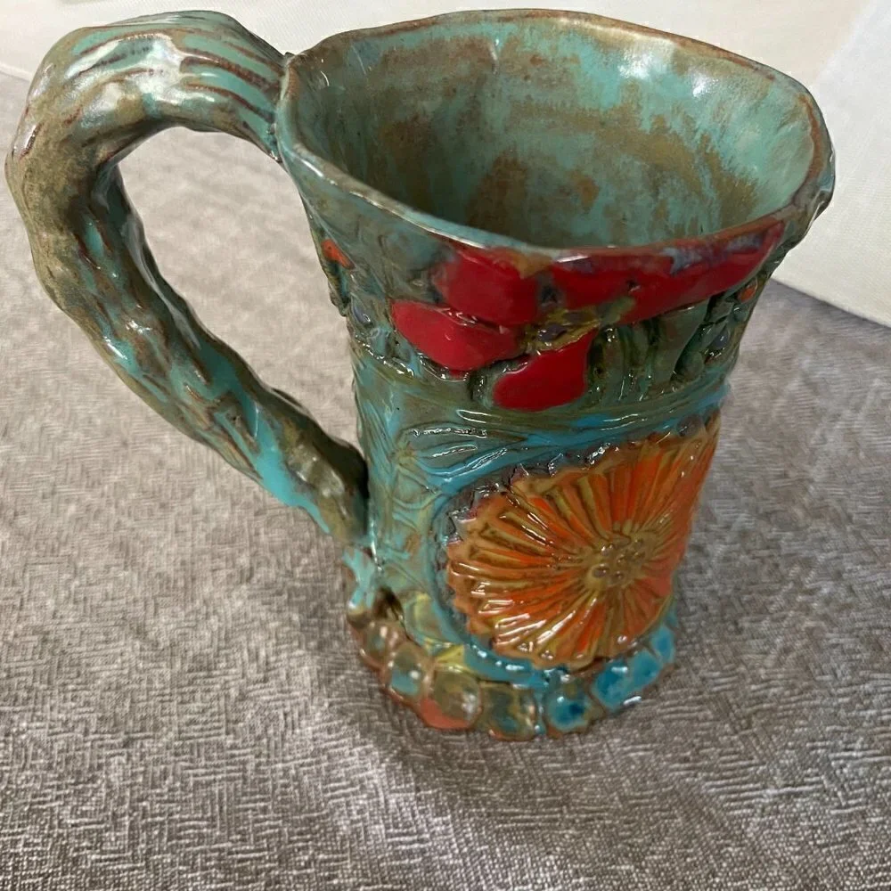 Handmade Clay Mug Crude Floral Teal Blue Signed by Spirit Song Studios